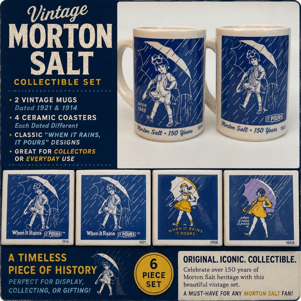 Vintage Morton Salt 150 Years 6 Piece Set 2 Mugs‎ 4 Ceramic Coasters 1914-1968